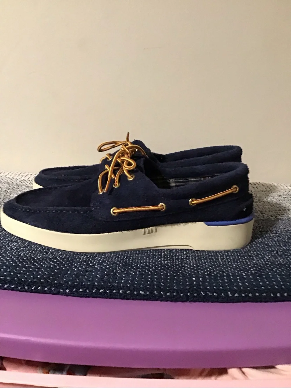 Sperry Men's Navy Suede Boat Shoes with Contrast Gold Laces